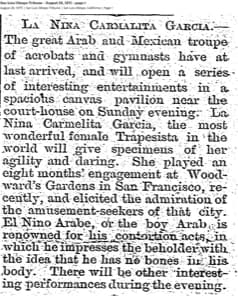 Tribune article excerpt about Arab and Mexican acrobat troupe, August 28, 1875